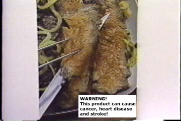 Meat ad with warning label: Warning this product can cause cancer, heart disease, and stroke