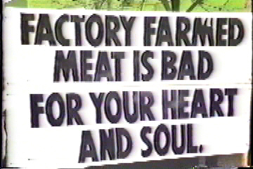 Protest Sign: Factory Farmed Meat is Bad for Your Heart and Soul.